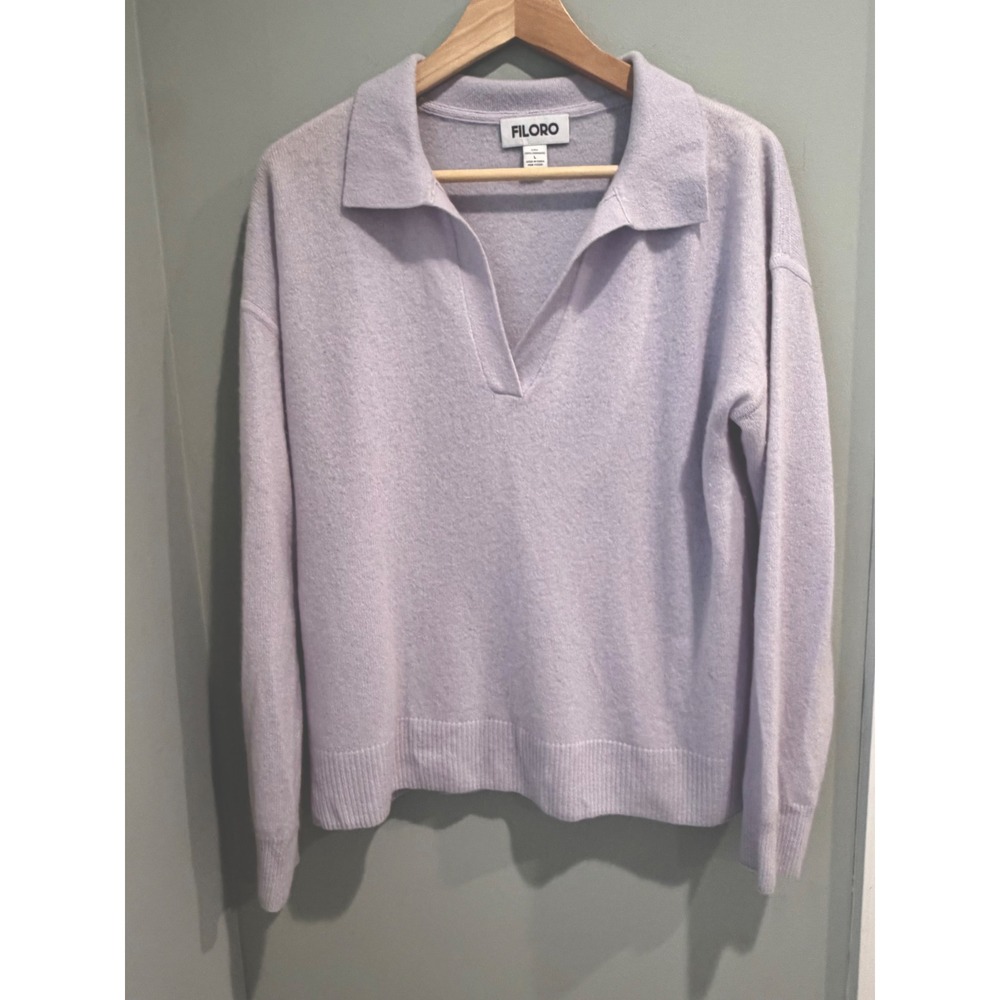 Filoro Womens 100% Cashmere Lavender Purple V-Neck Polo Sweater Large 2-Ply